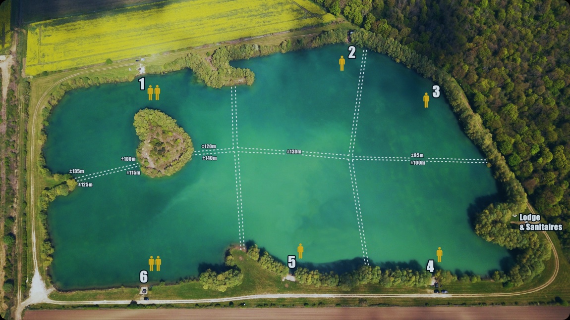 Carte aérienne du lac avec l'emplacement des 6 postes de pêche